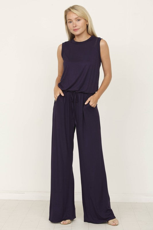 plus solid draw string pocket jumpsuit Jumpsuit Navy 2X 