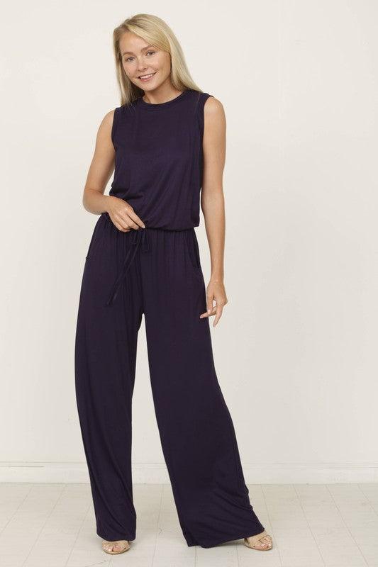 plus solid draw string pocket jumpsuit - Three Mad Hatters Mercantile 