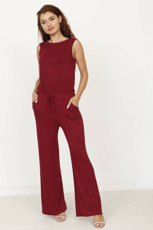 plus solid draw string pocket jumpsuit Jumpsuit   