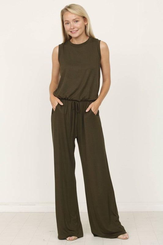 plus solid draw string pocket jumpsuit - Three Mad Hatters Mercantile 