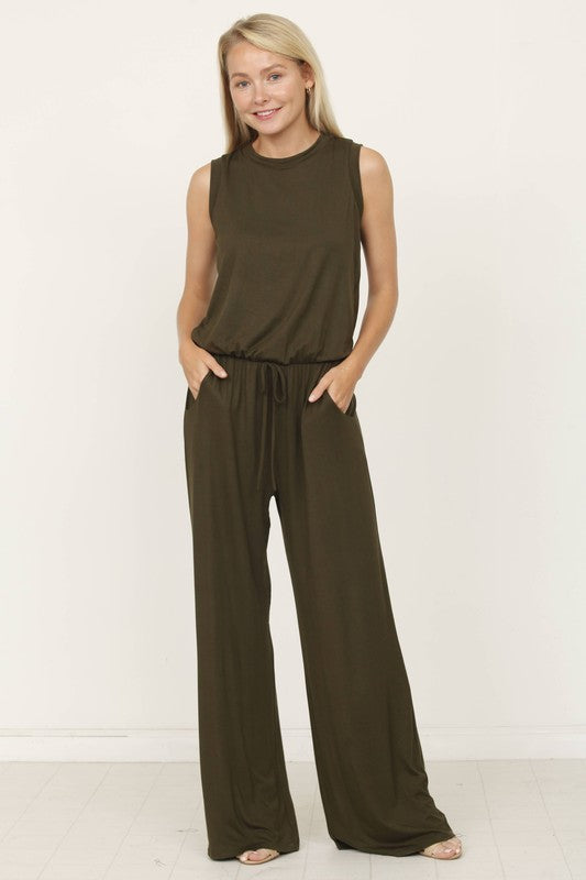 plus solid draw string pocket jumpsuit Jumpsuit   