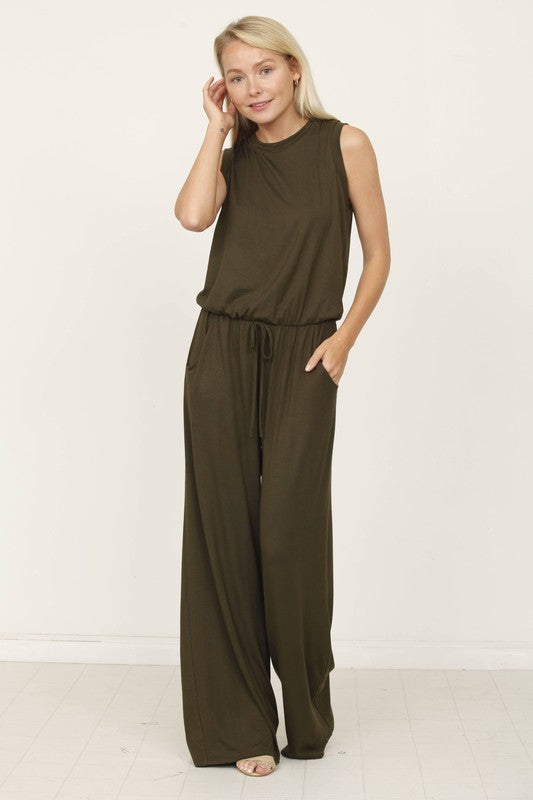 plus solid draw string pocket jumpsuit Jumpsuit   