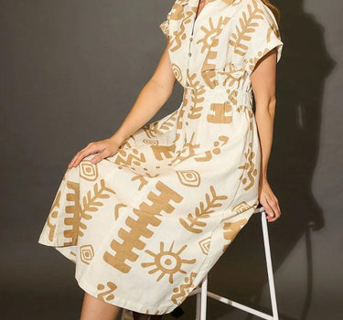 Umgee Abstract Print Elastic Waist Midi Dress Plus Size