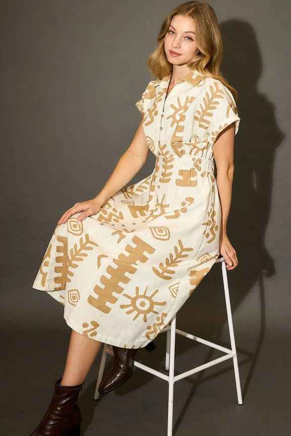 Umgee Abstract Print Elastic Waist Midi Dress Plus Size - Three Mad Hatters Mercantile 