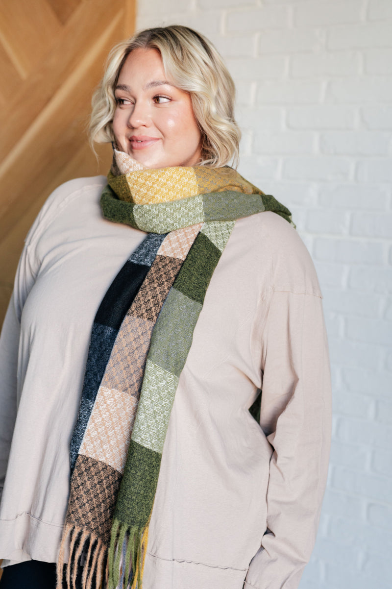 Keep Me Cozy Checkered Fringe Scarf in Woodland Shades Accessories