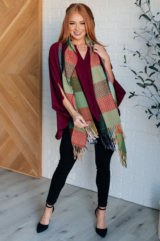 Keep Me Cozy Checkered Fringe Scarf in Berry Accessories