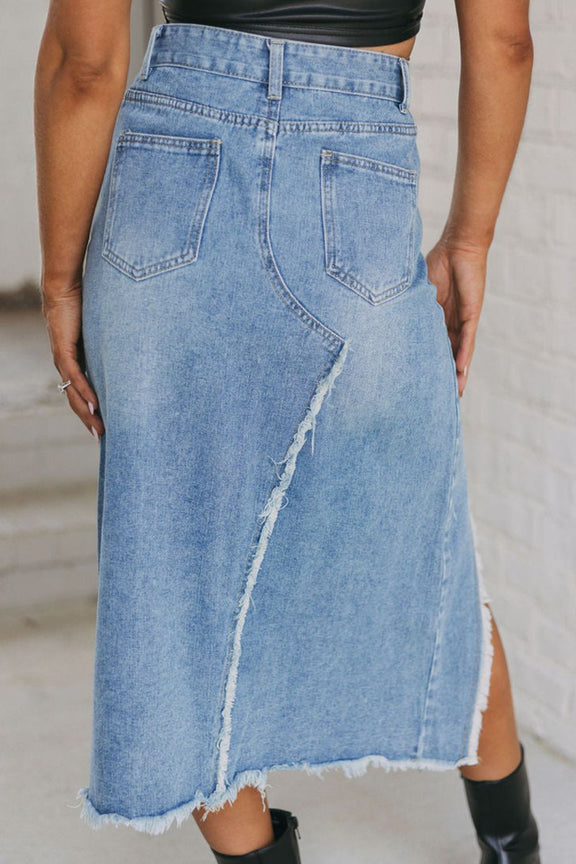 Raw Hem Slit Denim Skirt with Pockets Womens Denim Skirt   