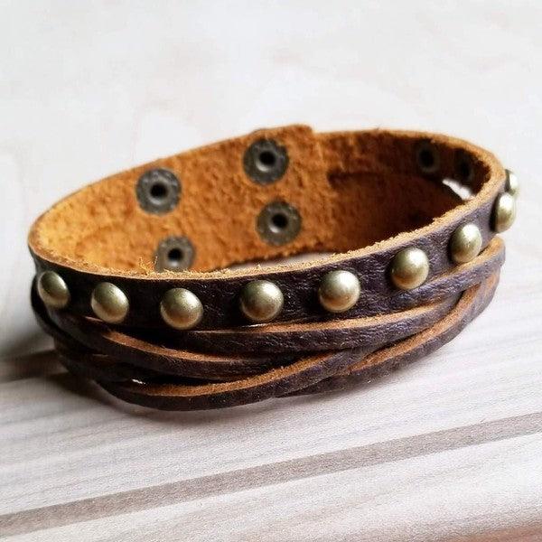 Multi-Strand Leather Cuff with Antique Gold Studs - Three Mad Hatters Mercantile 