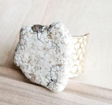 White Turquoise Slab on Hammered Gold Ring Base