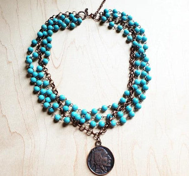 Blue Turquoise Collar Necklace with Indian Coin