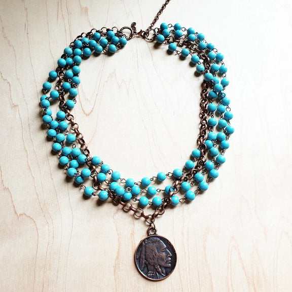 Blue Turquoise Collar Necklace with Indian Coin Blue Turquoise Necklace blue 1 