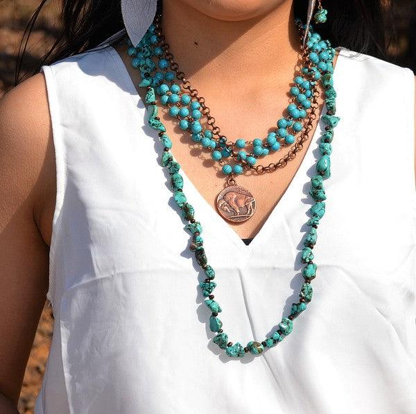 Blue Turquoise Collar Necklace with Indian Coin - Three Mad Hatters Mercantile 