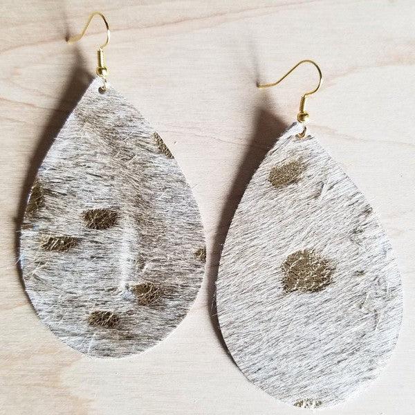 Teardrop Earrings Cream and Gold Cowhide - Three Mad Hatters Mercantile 