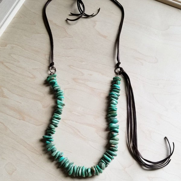 Natural Turquoise with Side Tie Leather Tassel Turquoise Necklace green 1 