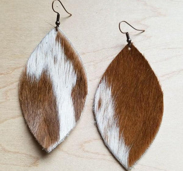Oval Earrings in Tan and White Cowhide