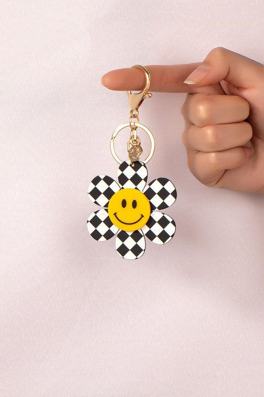 Big checker flower key chain with smiley face - Three Mad Hatters Mercantile 