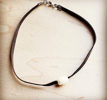 Floating Pearl on Brown Leather Choker Necklace