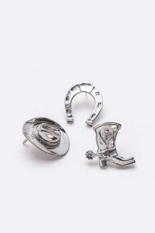 3 PC Boots Horseshoe Cowboy Hat Pin Set  Silver 1 