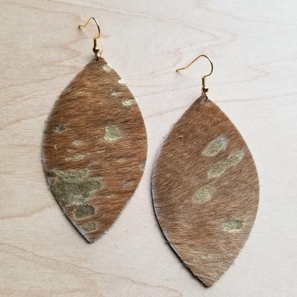 Leather Oval Earring in Tan and Gold Metallic Hair - Three Mad Hatters Mercantile 