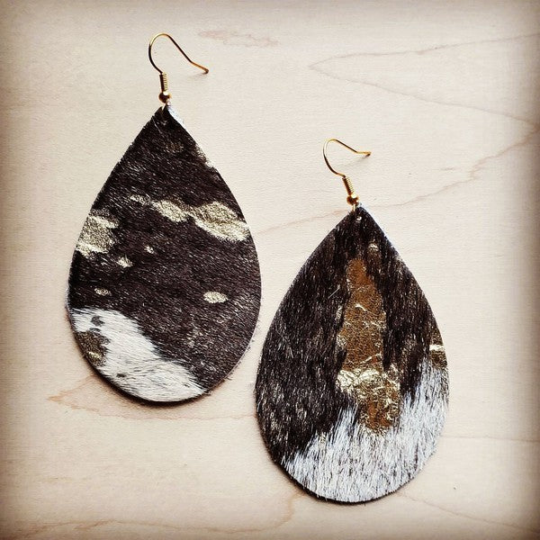 Leather Teardrop Earrings in Mixed Metallic Cowhide leather earrings gold small 