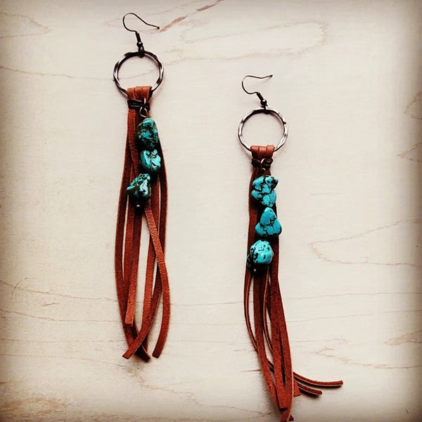 Leather Fringe Earrings with Turquoise Chunks turquoise and leather earrings blue 1 