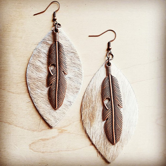 Leather Oval Earrings in Hair with Copper Feather Earrings white 1 