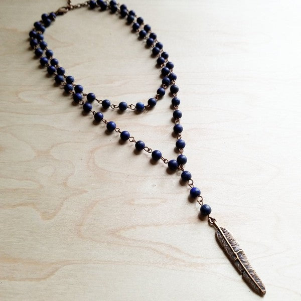 Double Strand Blue Lapis with Copper Feather Lariat Necklace blue 1 