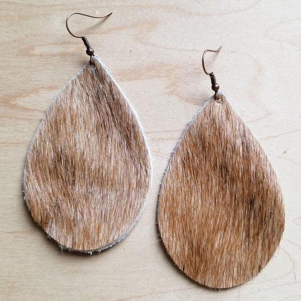 Leather Teardrop Earrings Tan and White Hair - Three Mad Hatters Mercantile 