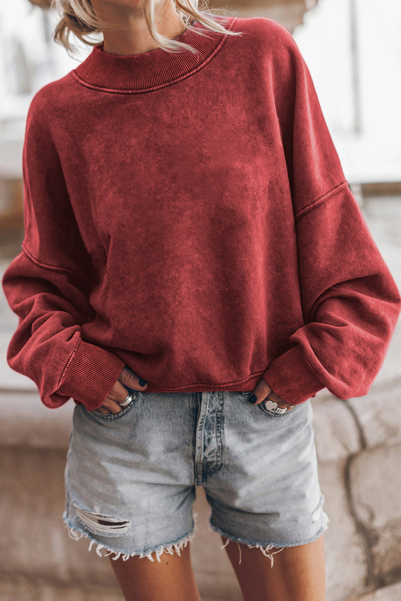 Round Neck Dropped Shoulder Sweatshirt sweatshirt Deep Red L 