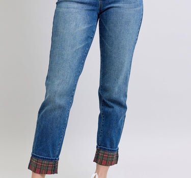 Judy Blue Full Size Plaid Print Cuff Straight Leg Jeans with Pockets