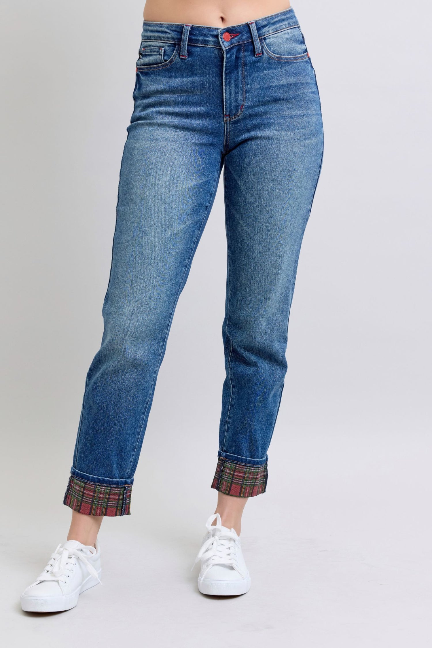 Judy Blue Full Size Plaid Print Cuff Straight Leg Jeans with Pockets Womens Plaid Cuff Jeans