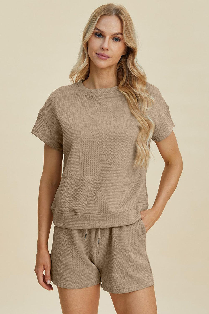 Double Take Full Size Texture Short Sleeve Top and Shorts Set - Three Mad Hatters Mercantile 