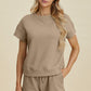 Double Take Full Size Texture Short Sleeve Top and Shorts Set Womens Tops Khaki S 