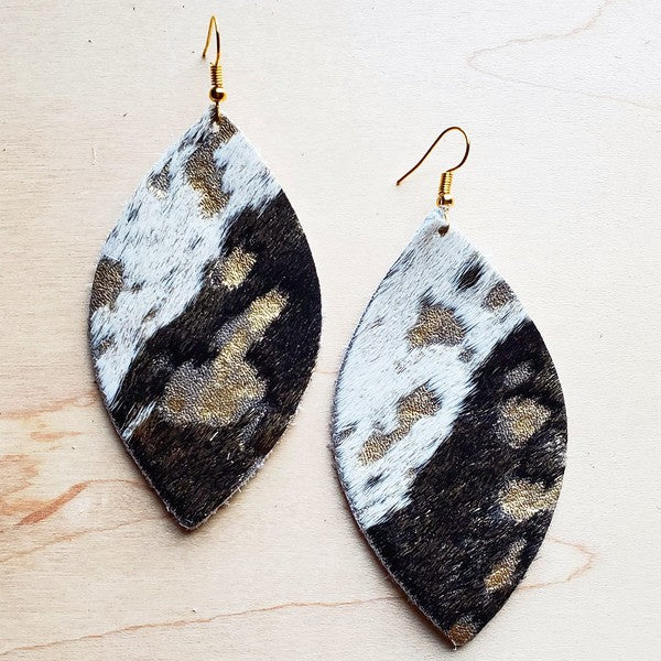 Leather Oval Earring-Mixed Metallic Hair on Hide  gold 1 