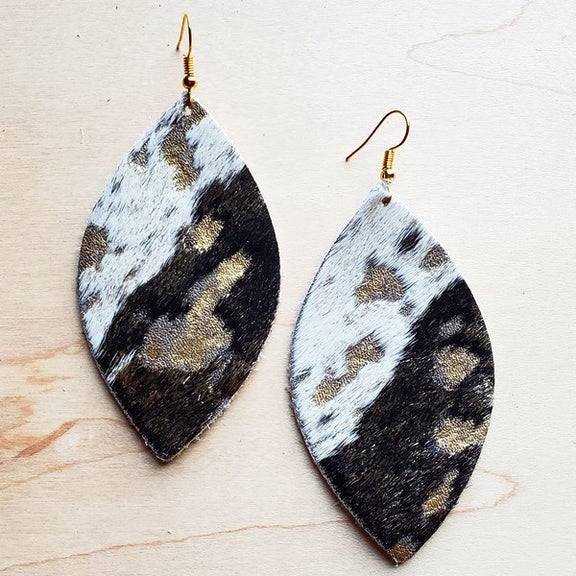 Leather Oval Earring-Mixed Metallic Hair on Hide  gold 1 