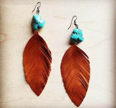 Tan Suede Feather Earrings with Turquoise Chunks
