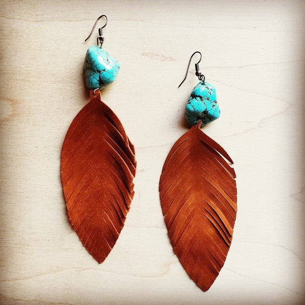 Tan Suede Feather Earrings with Turquoise Chunks Suede blue 1 