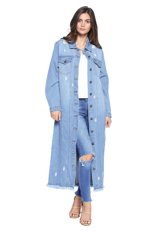 DENIM LONG JACKETS DISTRESSED WASHED Denim Jacket   