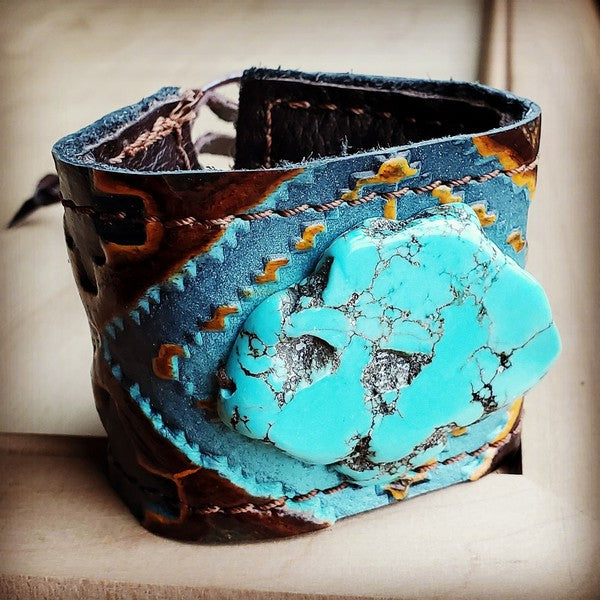 Leather -Blue Navajo and Turquoise Slab Cuff Turquoise Bracelet blue 1 