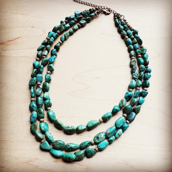 Triple Strand Turquoise & Wood Collar Necklace - Three Mad Hatters Mercantile 