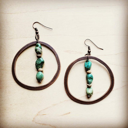 Copper Hoop Earrings w/ Natural Turquoise and Wood Turquoise Earrings green 1 