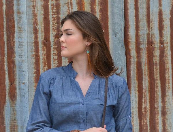 Turquoise drop earrings w/ suede leather tassel - Three Mad Hatters Mercantile 