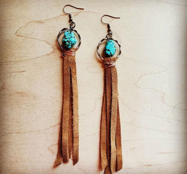 Turquoise drop earrings w/ suede leather tassel