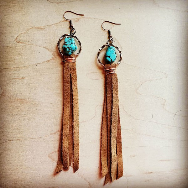 Turquoise drop earrings w/ suede leather tassel Turquoise Earrings blue 1 