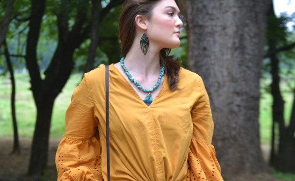 Leather Oval Earrings Turq Brown Floral - Three Mad Hatters Mercantile 