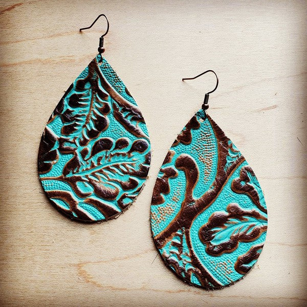 Leather Teardrop Earring in Cowboy Turquoise leather earrings turquoise small 