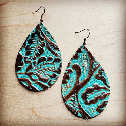 Leather Teardrop Earring in Cowboy Turquoise leather earrings turquoise small 