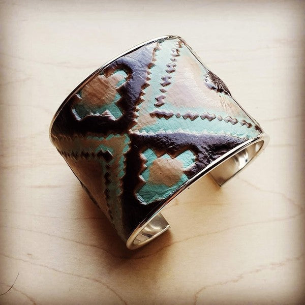 Wide Cuff Bangle in Turquoise Navajo Leather Wide Cuff Bangle green 1 