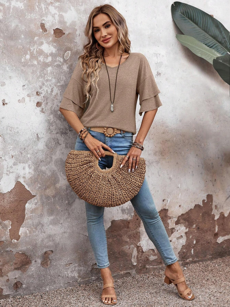 V-Neck Half Sleeve Blouse Womens Tops   