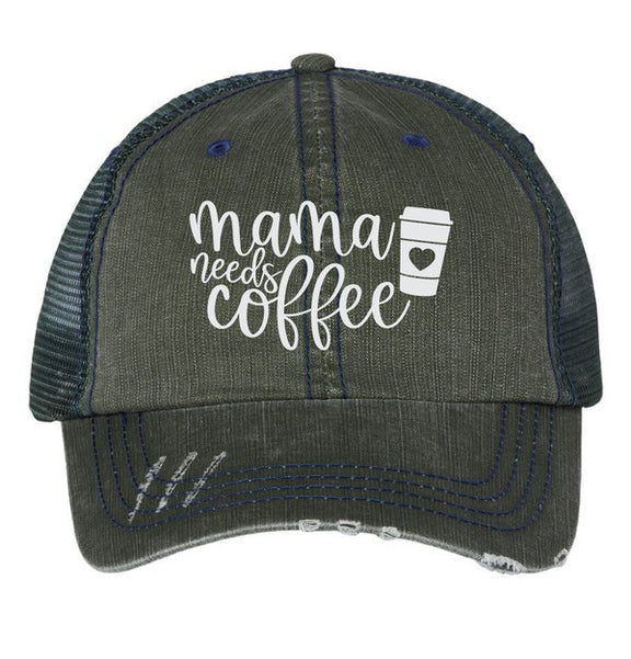 Mama Needs Coffee Embroidered Trucker Hat Cap Green OS 